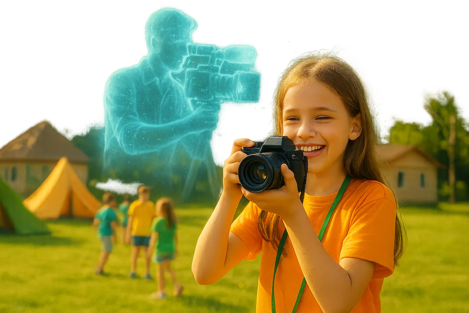 девочка снимает лагерь, за спиной проекция фотографа